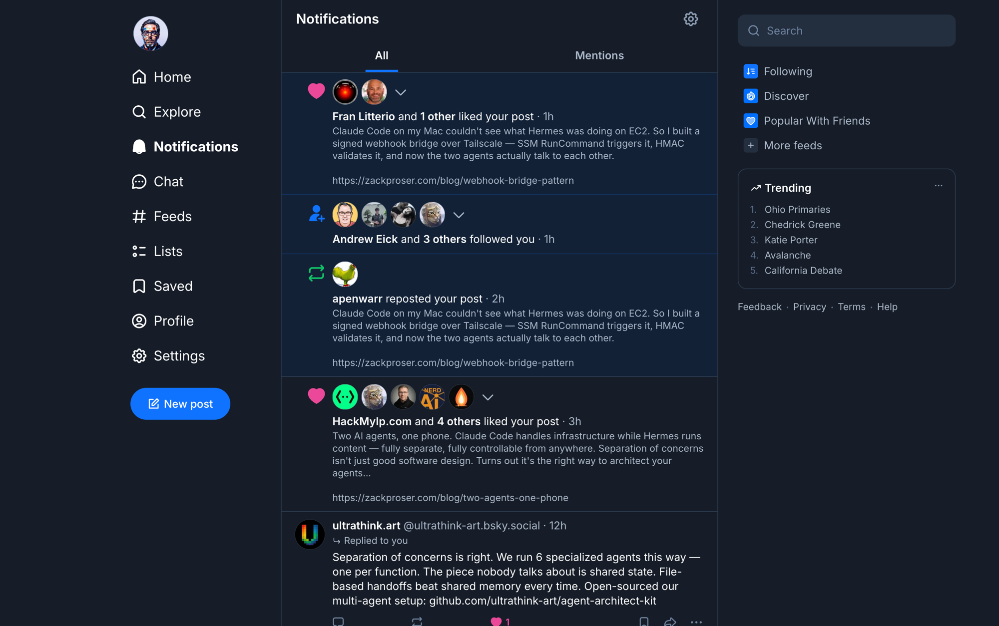 Bluesky notifications panel showing real likes, reposts, follows, and substantive replies from other accounts on posts the REFUSE bot drafted in the operator's voice while they were offline